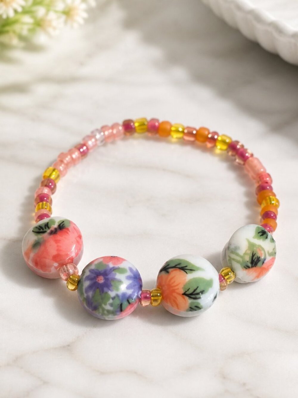Floral Beaded Bracelet - Stretch - With Seed Beads and Glass Floral - New
